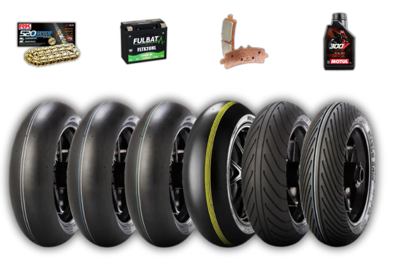 Produits disponibles sur nos événements : Pneus Pirelli, batterie, plaquettes de freins, huiles, etc...